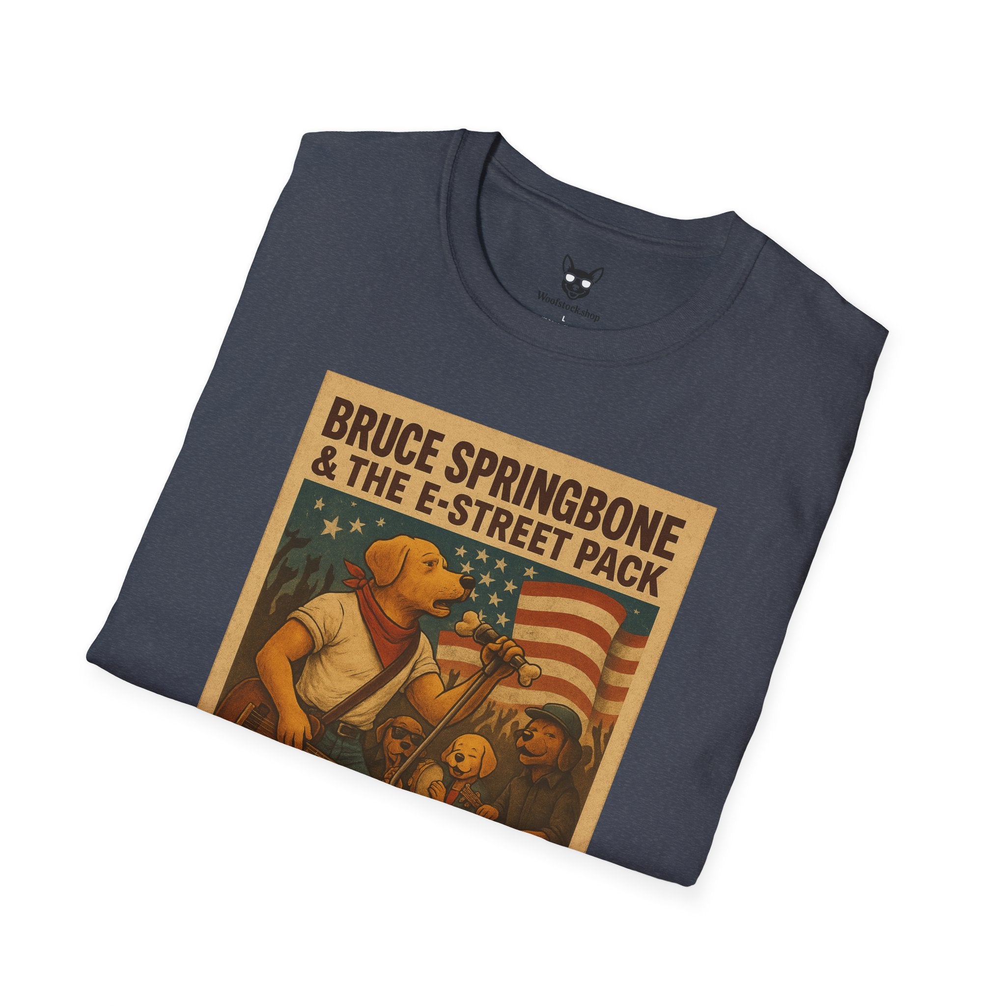Bruce Springsteen Concert Poster Dog Parody Unisex Softstyle T-Shirt -- Funny Rock Tee for Music and Dog Lovers